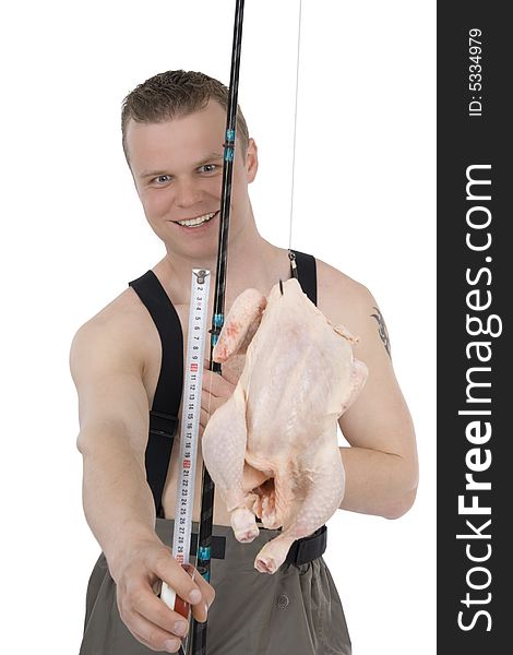Fisherman with chicken on fishhook against a white background