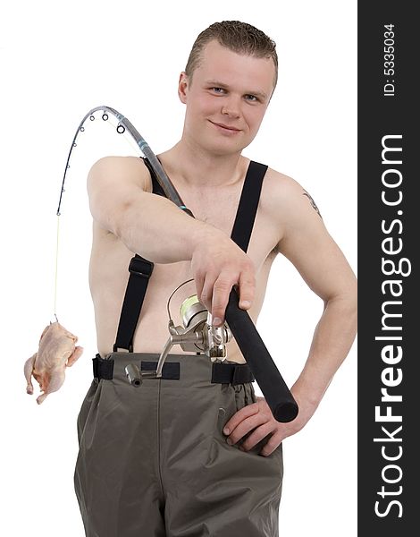 Fisherman with chicken on fishhook against a white background