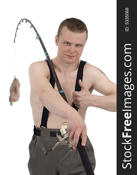 Fisherman with chicken on fishhook against a white background