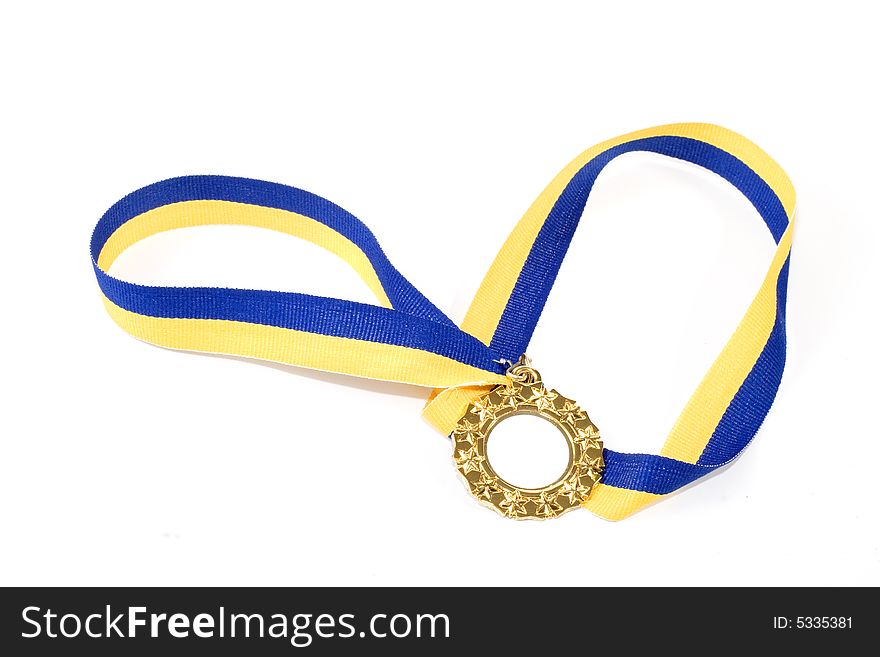 A gold medal on a yellow and blue ribbon