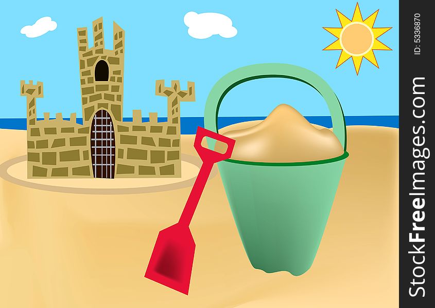 Beach scene with sand pail and sand castle. Beach scene with sand pail and sand castle.