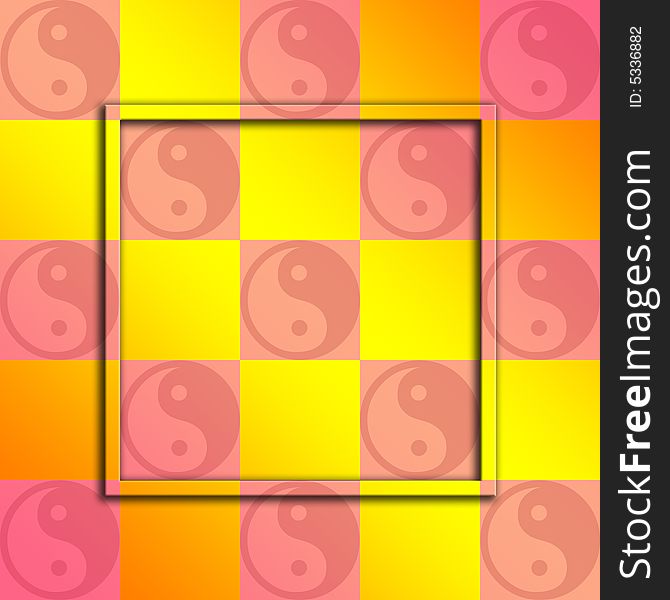 A checkered design in hues of pink and yellow.  In the pink squares are the yin-tang symbol.  Their is a small frame floating above the surface. A checkered design in hues of pink and yellow.  In the pink squares are the yin-tang symbol.  Their is a small frame floating above the surface.