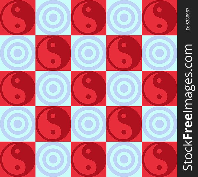 Checkered background with alternating motifs targets and yin-yang symbols. Checkered background with alternating motifs targets and yin-yang symbols.