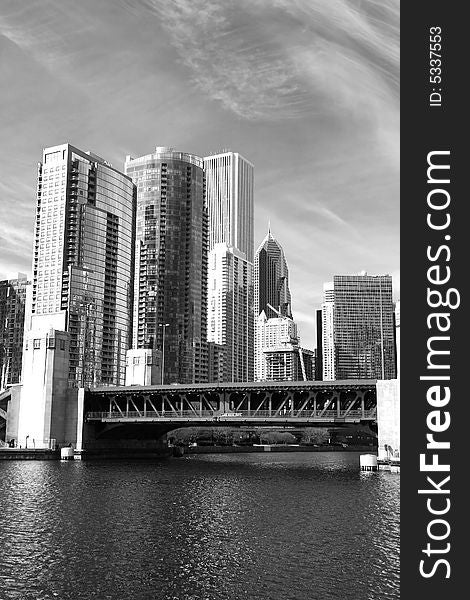 The Chicago skyline in a classic black and white format