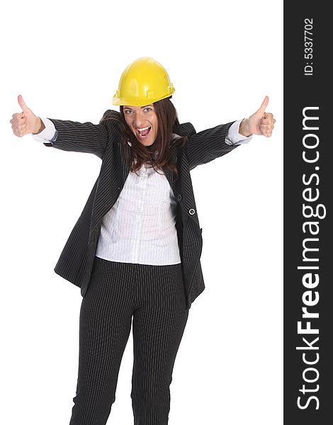 Young businesswoman with helmet on white background