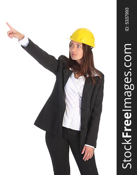 Young businesswoman pointing up on white background