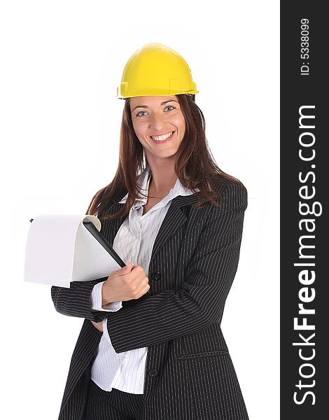 Young businesswoman with documents on white background