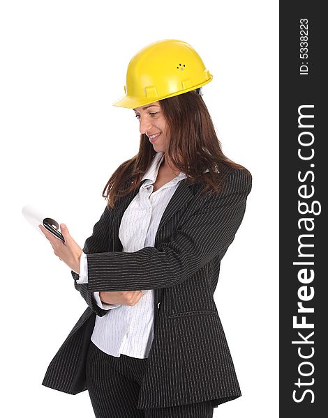 Young businesswoman with documents on white background