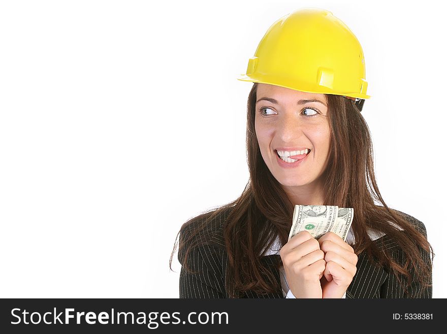 Young businesswoman with earnings on white background