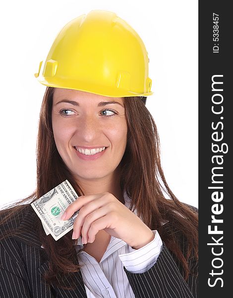 Young businesswoman with earnings on white background