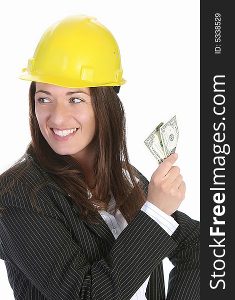 Young businesswoman with earnings on white background