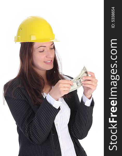 Young businesswoman with earnings on white background