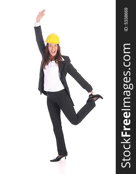 Young businesswoman with helmet on white background