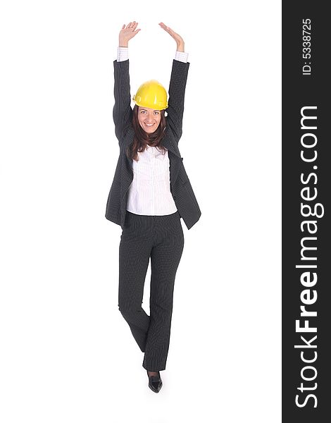 Young businesswoman with helmet on white background