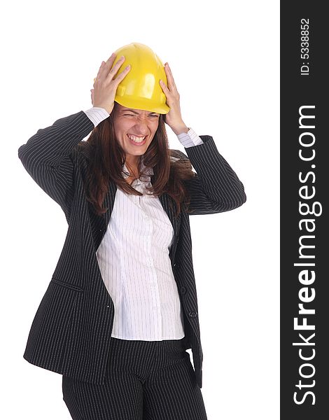 Angry businesswoman with helmet on white background