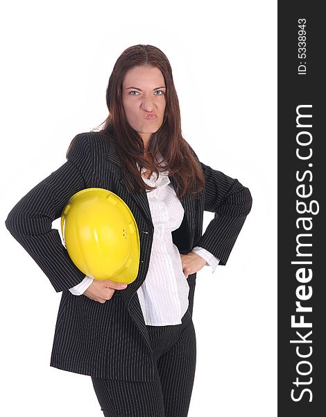 Angry businesswoman with helmet on white background