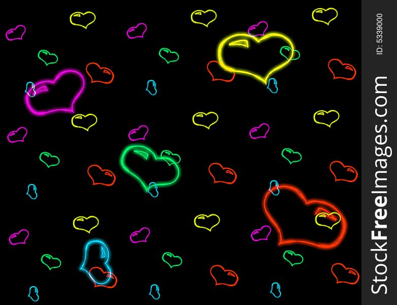 Yellow, pink, blue and red hearts, white background. Yellow, pink, blue and red hearts, white background