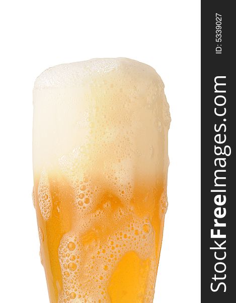Beer foam under glass on white background with path. Beer foam under glass on white background with path