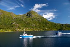 Ship On The Sea Near Of Lofoten Island Stock Photos Ship On The Sea Near Of Lofoten Island Stock Photos