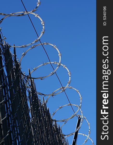 A worms eye view of a barbed wire fence in front of a blue sky.