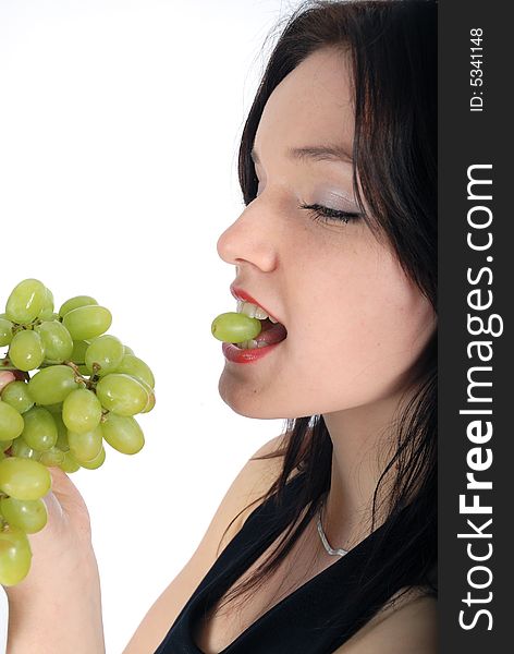 Green grape and nice women, isolated fruit. Green grape and nice women, isolated fruit