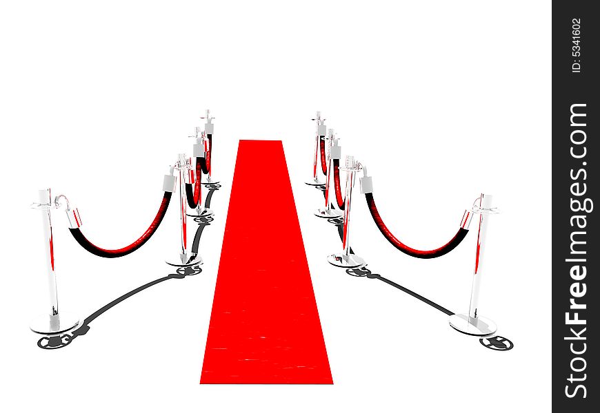 A red carpet with stanchions and isolated on white