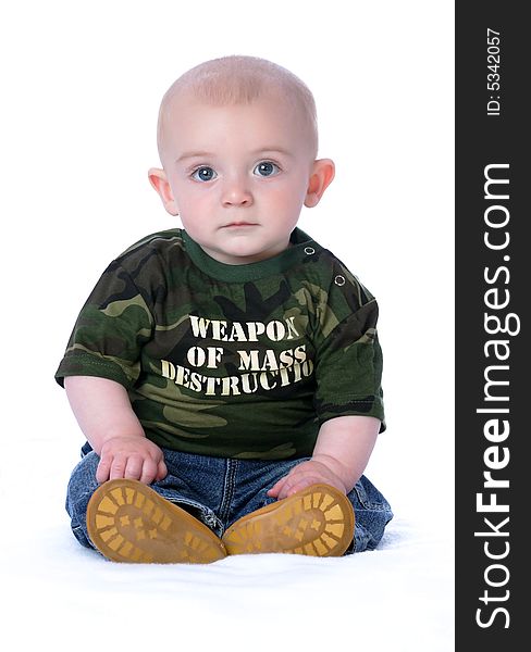 Small boy wearing a weapon of mass destruction t-shirt