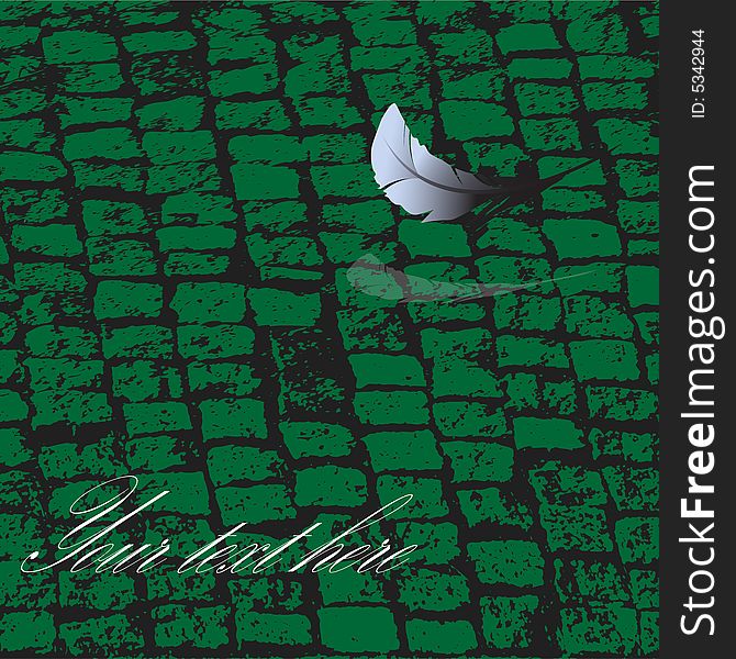 Falling down feather on the green brick floor