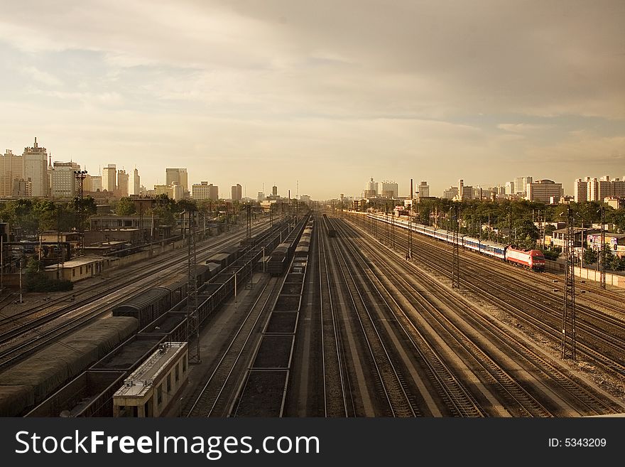 The railway under a bridge of the city. The railway under a bridge of the city.