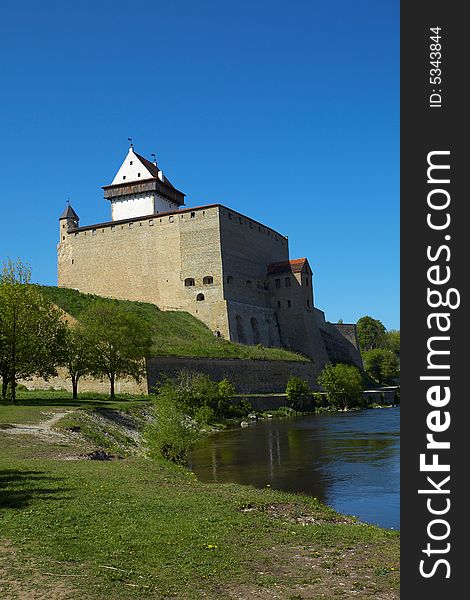 Big beautiful castle. View from Narva river, Estonia