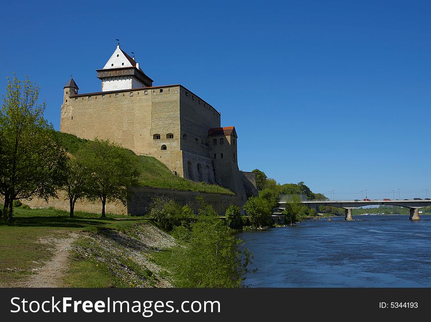 Big beautiful castle. View from Narva river, Estonia