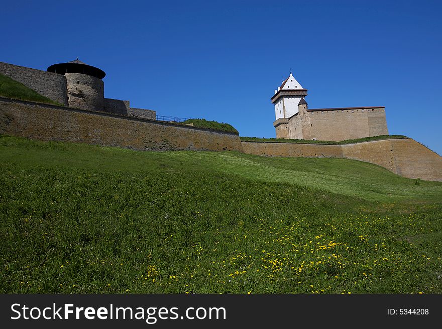 Big beautiful castle. View from Narva river, Estonia