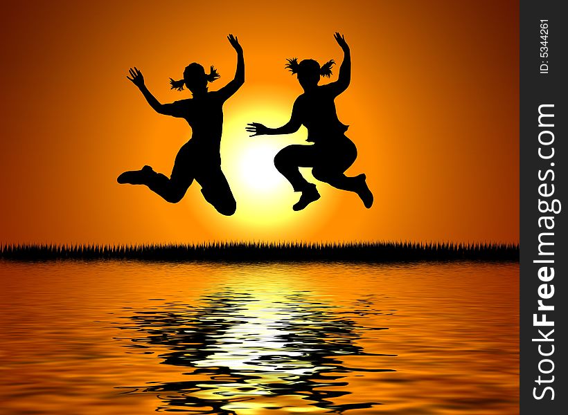 Illustration of two girl silhouettes, jumping for joy. Illustration of two girl silhouettes, jumping for joy