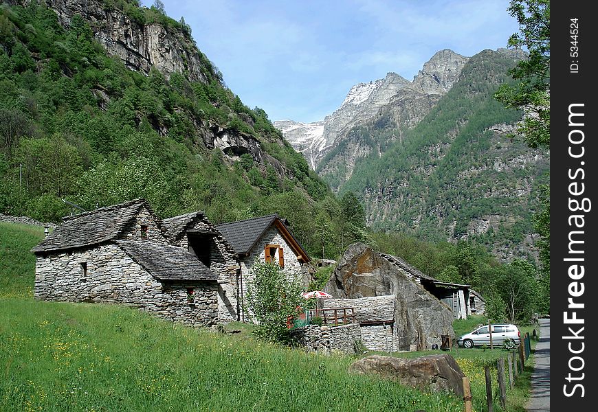 Mountain stone houses in the Swiss Alps