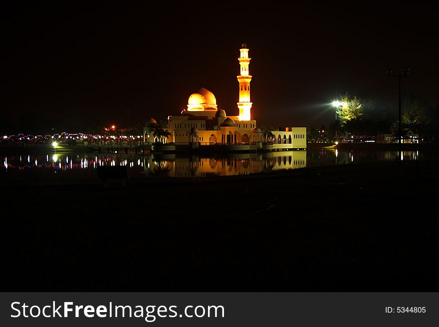 Terengganu Mosque Malaysia on Water at Night
