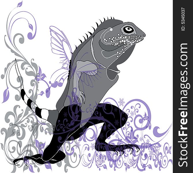 Jpeg and vector illustration with grey lizard in the middle floral ornaments. Jpeg and vector illustration with grey lizard in the middle floral ornaments