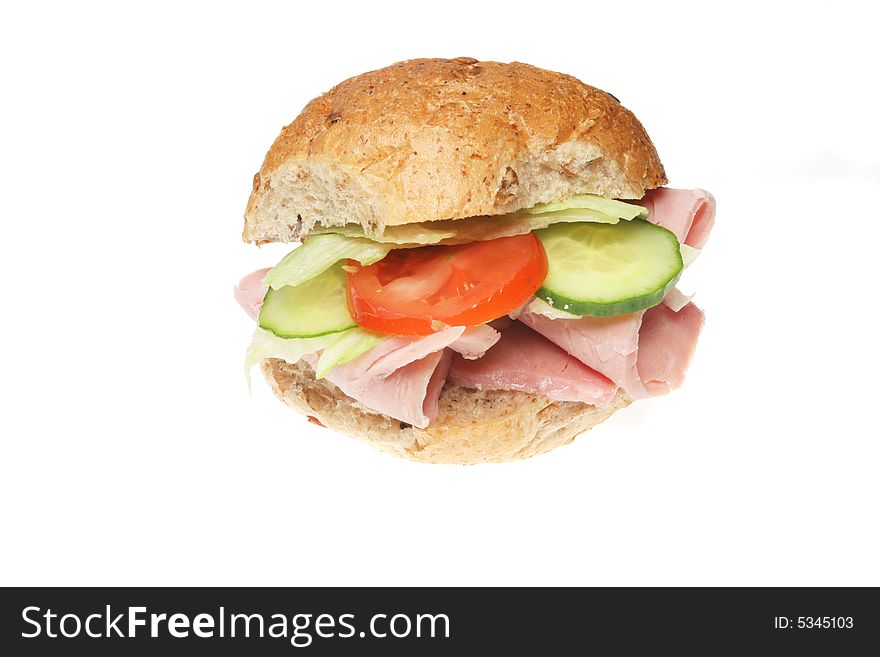 Ham and salad roll isolated on a white background