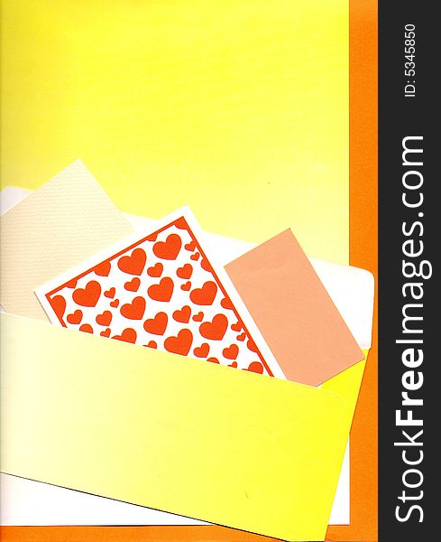 Scanner of one envelope opened on a card illustrated with hearts. Scanner of one envelope opened on a card illustrated with hearts