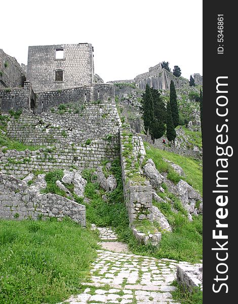 Remains of medieval military defensive fortress in harbor of Kotor, montenegro. Remains of medieval military defensive fortress in harbor of Kotor, montenegro