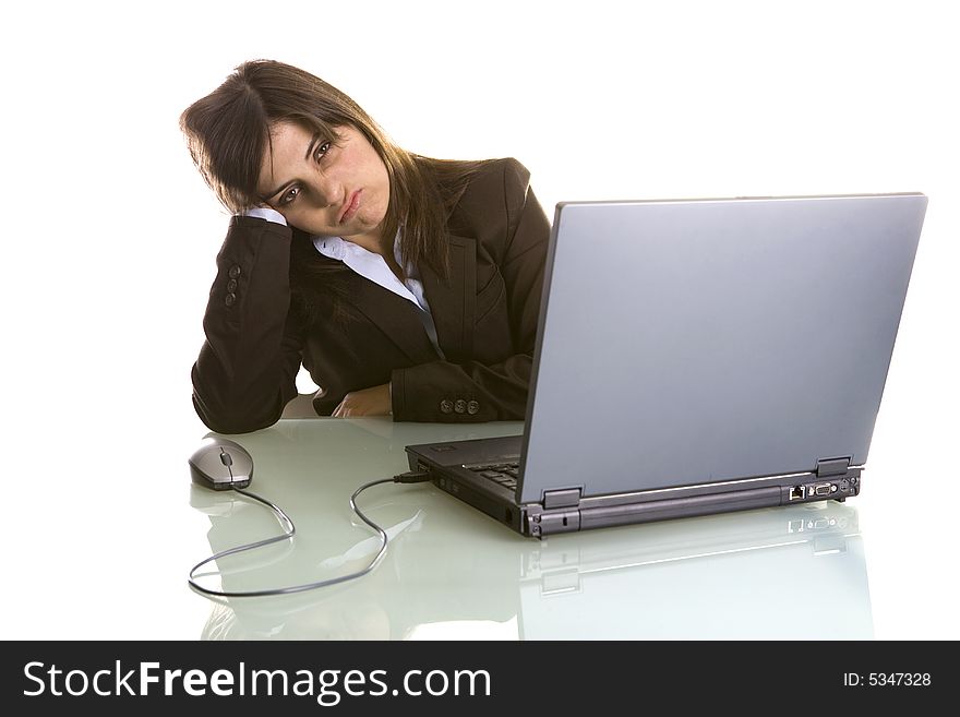 Businesswoman with laptop computer isolated on white background