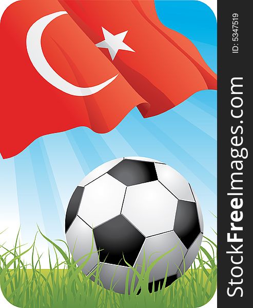 European football championship Euro 2008 theme with a classic ball on the grass and Turkish flag. European football championship Euro 2008 theme with a classic ball on the grass and Turkish flag