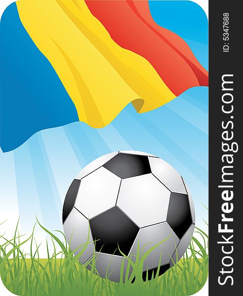 European football championship Euro 2008 theme with a classic ball on the grass and Romanian flag. European football championship Euro 2008 theme with a classic ball on the grass and Romanian flag