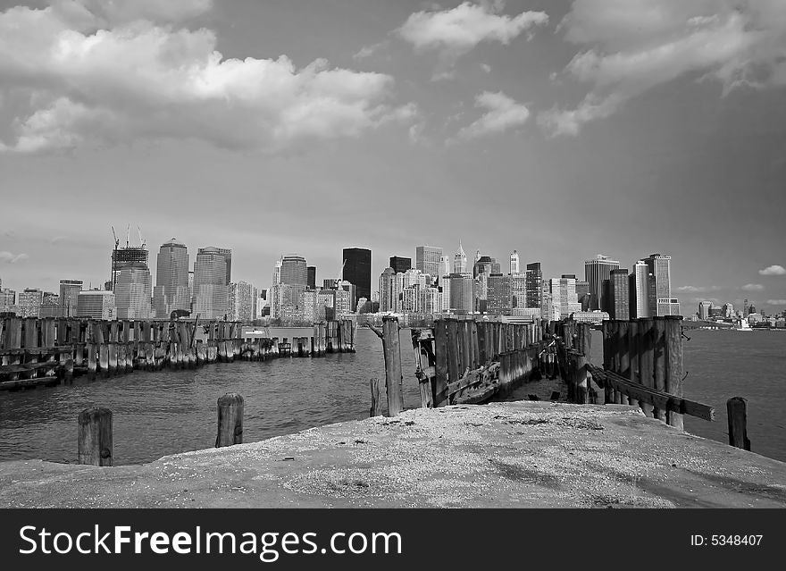 The Lower Manhattan skyline in a classic black and white format