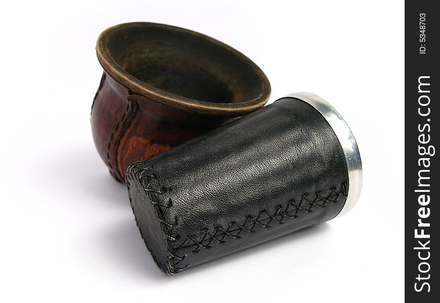 Isolated Leather and wood Mate Cups