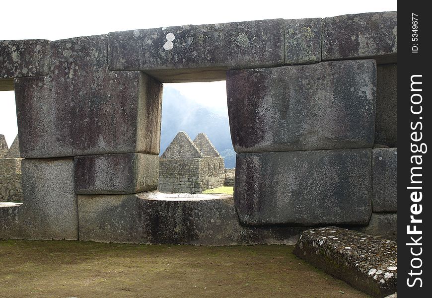 The lost city of the inca Machu Picchu in Cuzco, Peru. Inca Window.