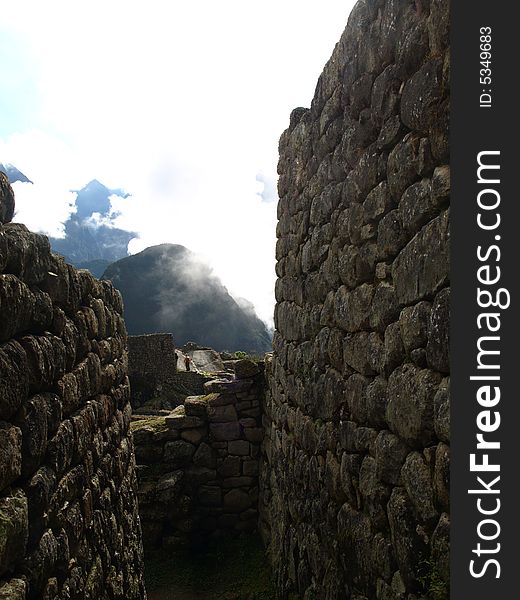 The lost city of the inca Machu Picchu in Cuzco, Peru. Inca Window.