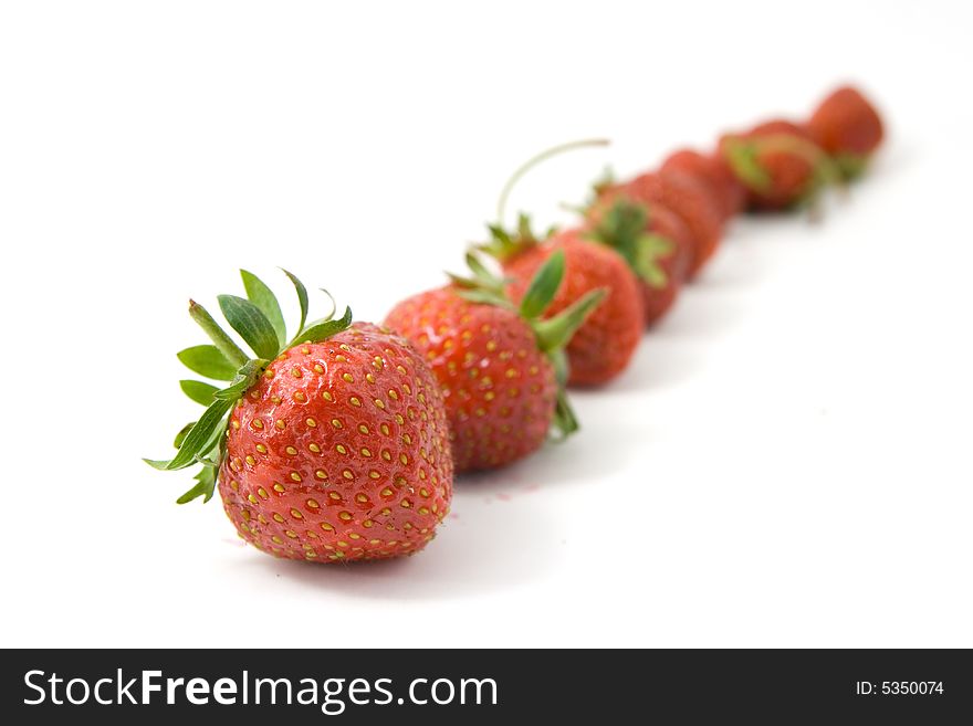 Line of strawberries isolated on white