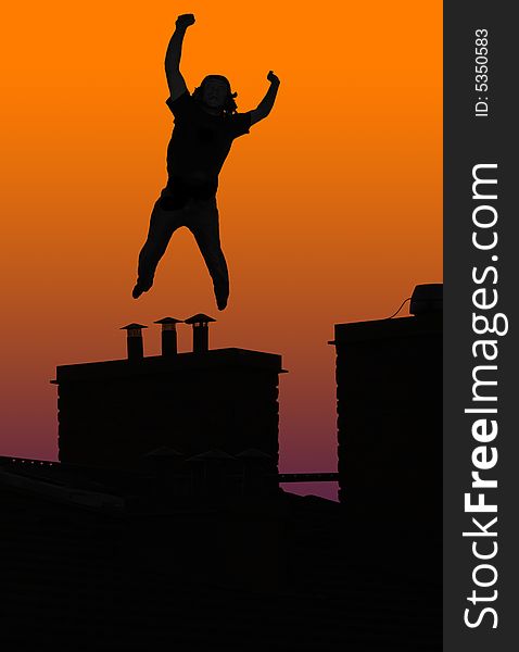 Happy or crazy man jumping on chimney. Happy or crazy man jumping on chimney