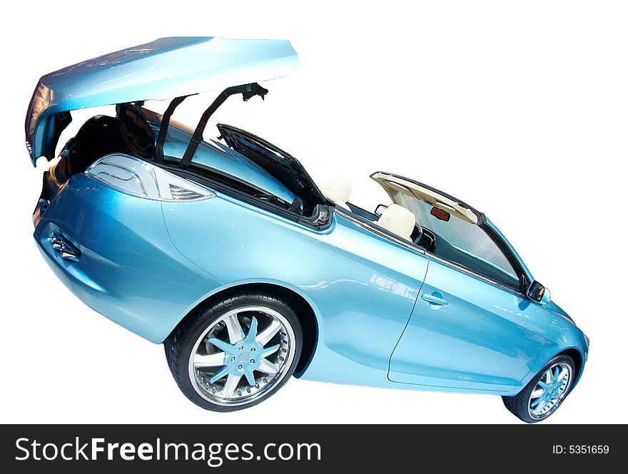 A beautiful blue roadster isolated white background.