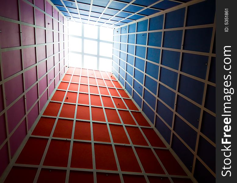 Tapering pyramid ceiling with skylight in the interior of a modern building